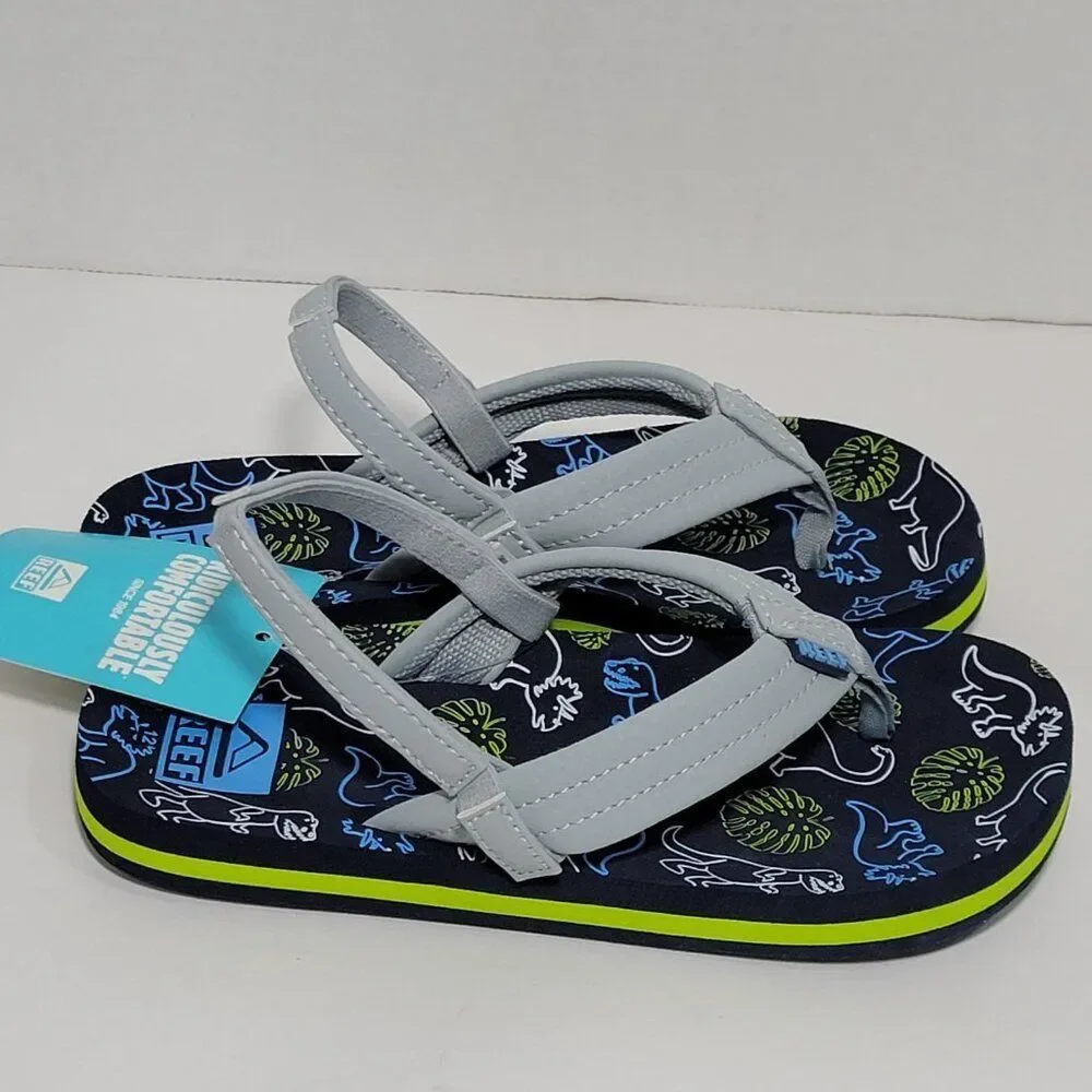 Reef Flip Flop Sandals Toddler Boy Size 12 Ahi Dino Dinosaur Gray Blue Backstrap